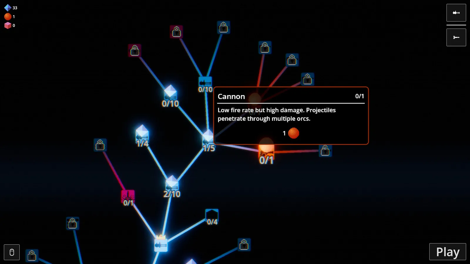 Gameplay screenshot showcasing upgrade tree for cannon in Orc problem game