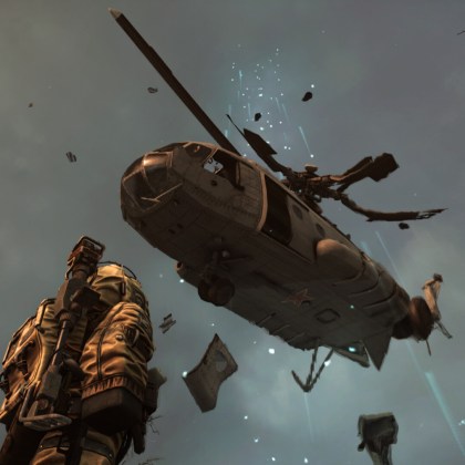 Helicopter in a dramatic sky above a soldier in STALCRAFT: X
