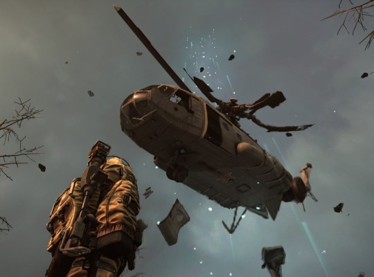 Helicopter in a dramatic sky above a soldier in STALCRAFT: X