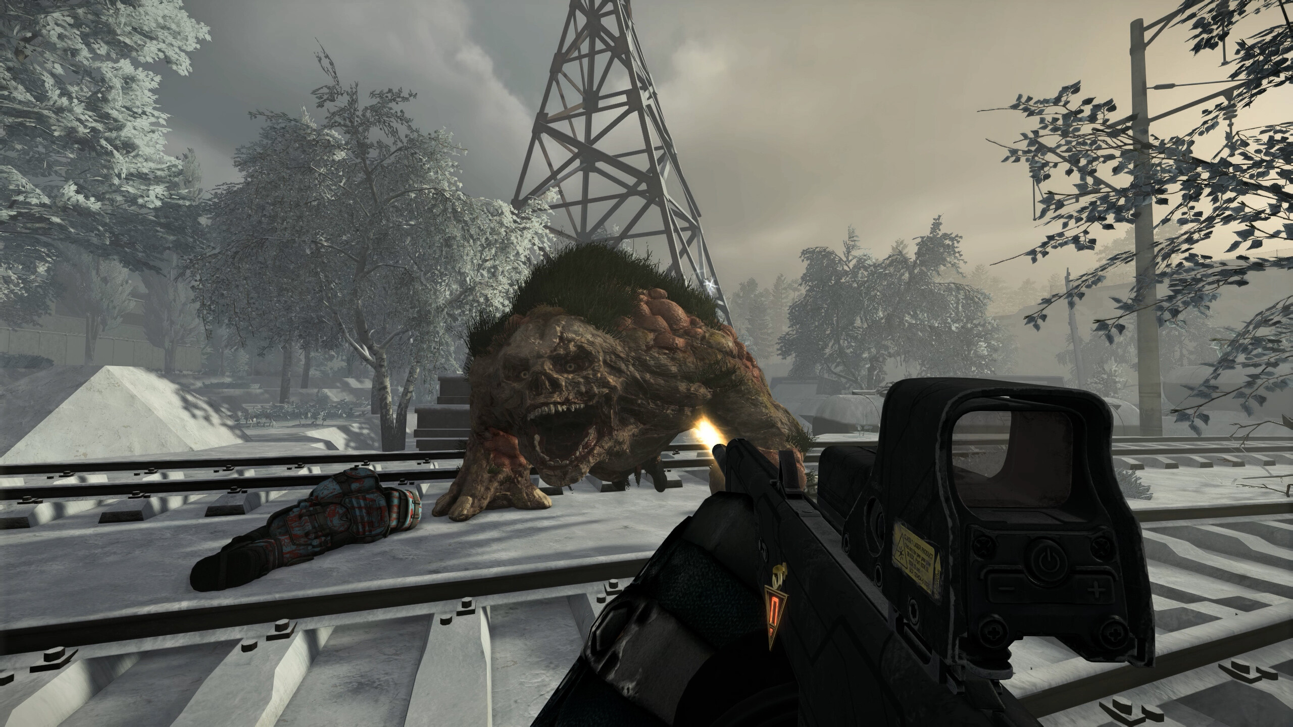 Player confronts a monstrous creature in a snowy landscape in STALCRAFT: X.