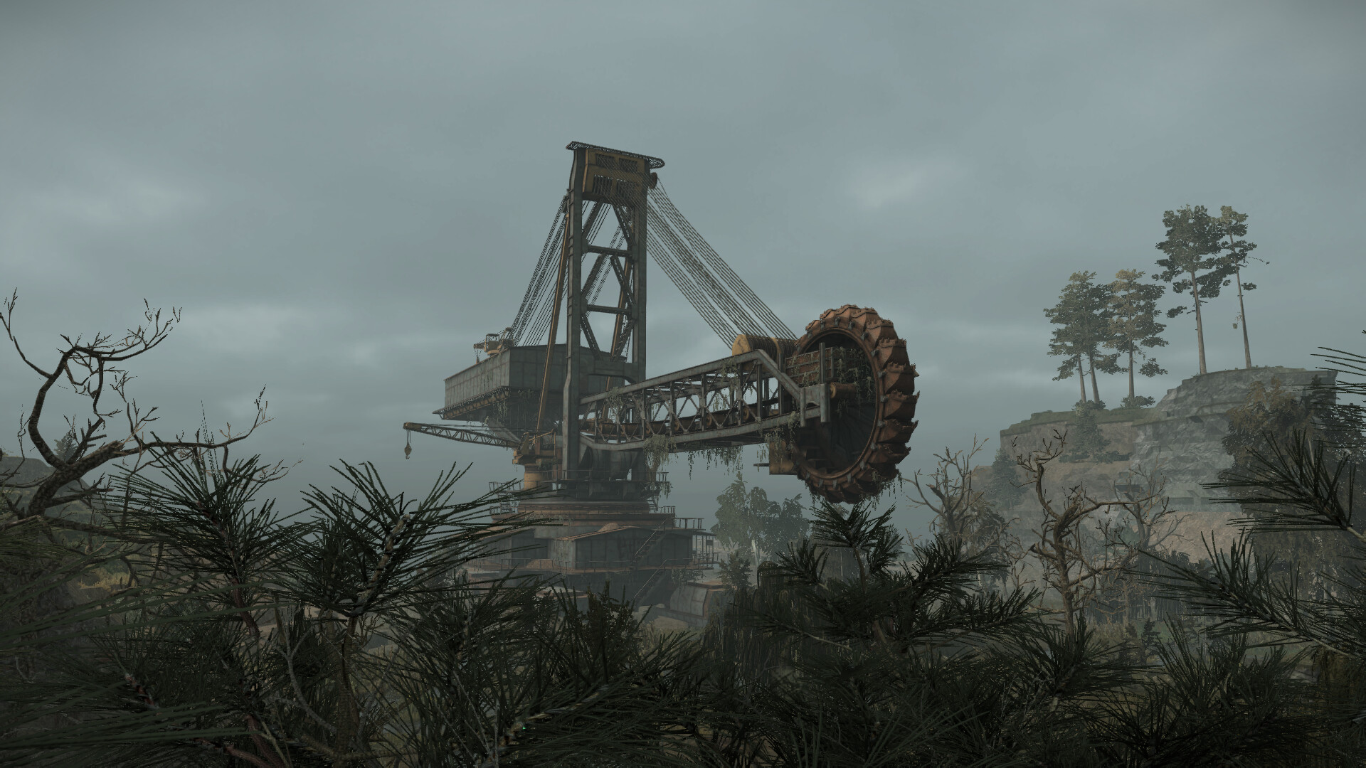 Stalcraft: X landscape featuring a large industrial structure in a post-apocalyptic setting
