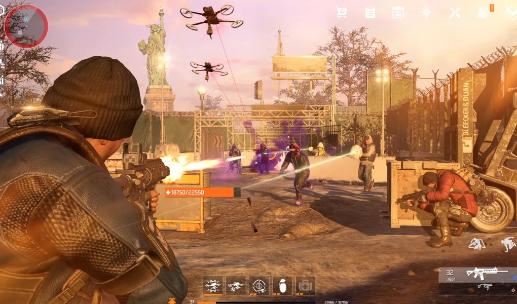 Intense combat scene in The Division Resurgence with players and drones in action
