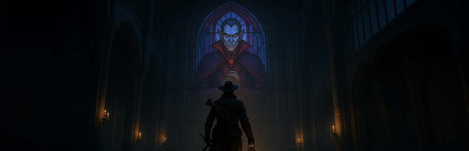 Vampire Hunter: Nightrise character facing a vampire lord in a dark, gothic setting