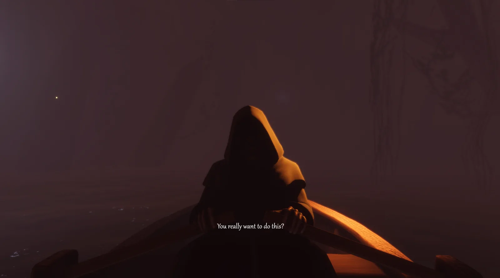 Mysterious figure in a boat shrouded in fog in Vampire Hunter: Nightrise