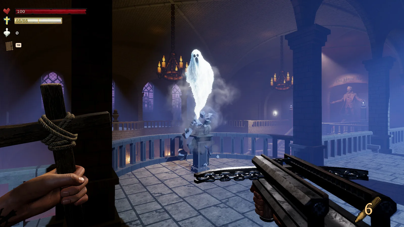 Ghostly encounter in Vampire Hunter: Nightrise with crossbow and spectral figure
