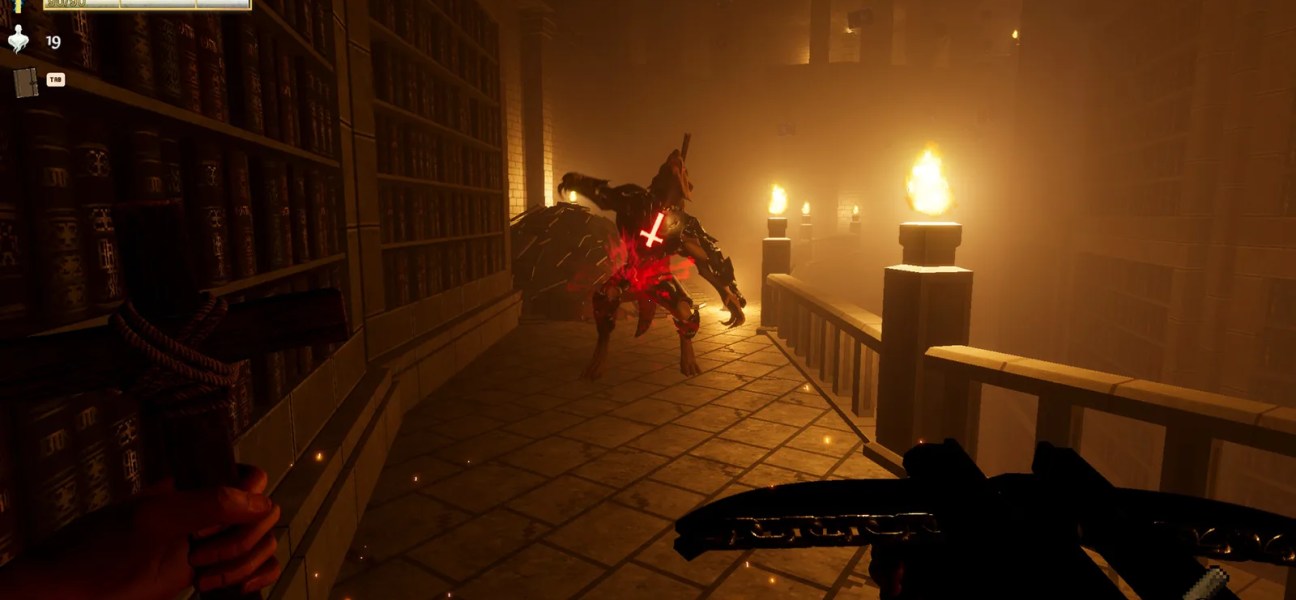 Intense combat scene in Vampire Hunter: Nightrise with a vampire enemy in a dimly lit library