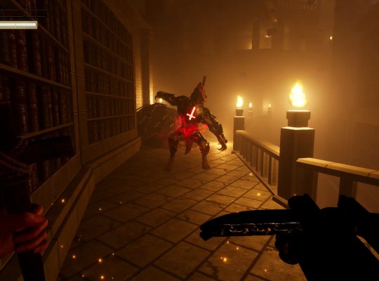 Intense combat scene in Vampire Hunter: Nightrise with a vampire enemy in a dimly lit library