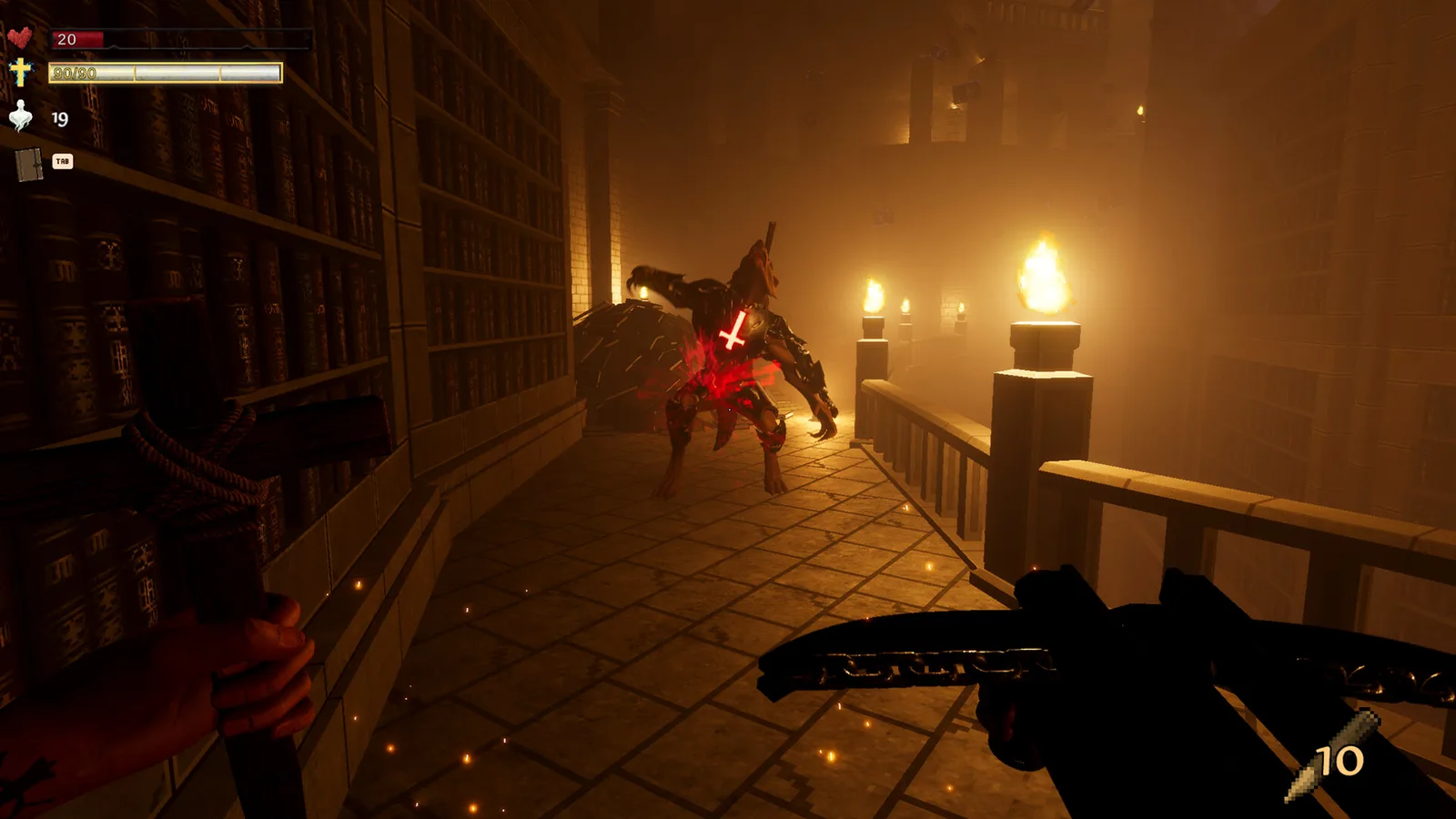 Intense combat scene in Vampire Hunter: Nightrise with a vampire enemy in a dimly lit library