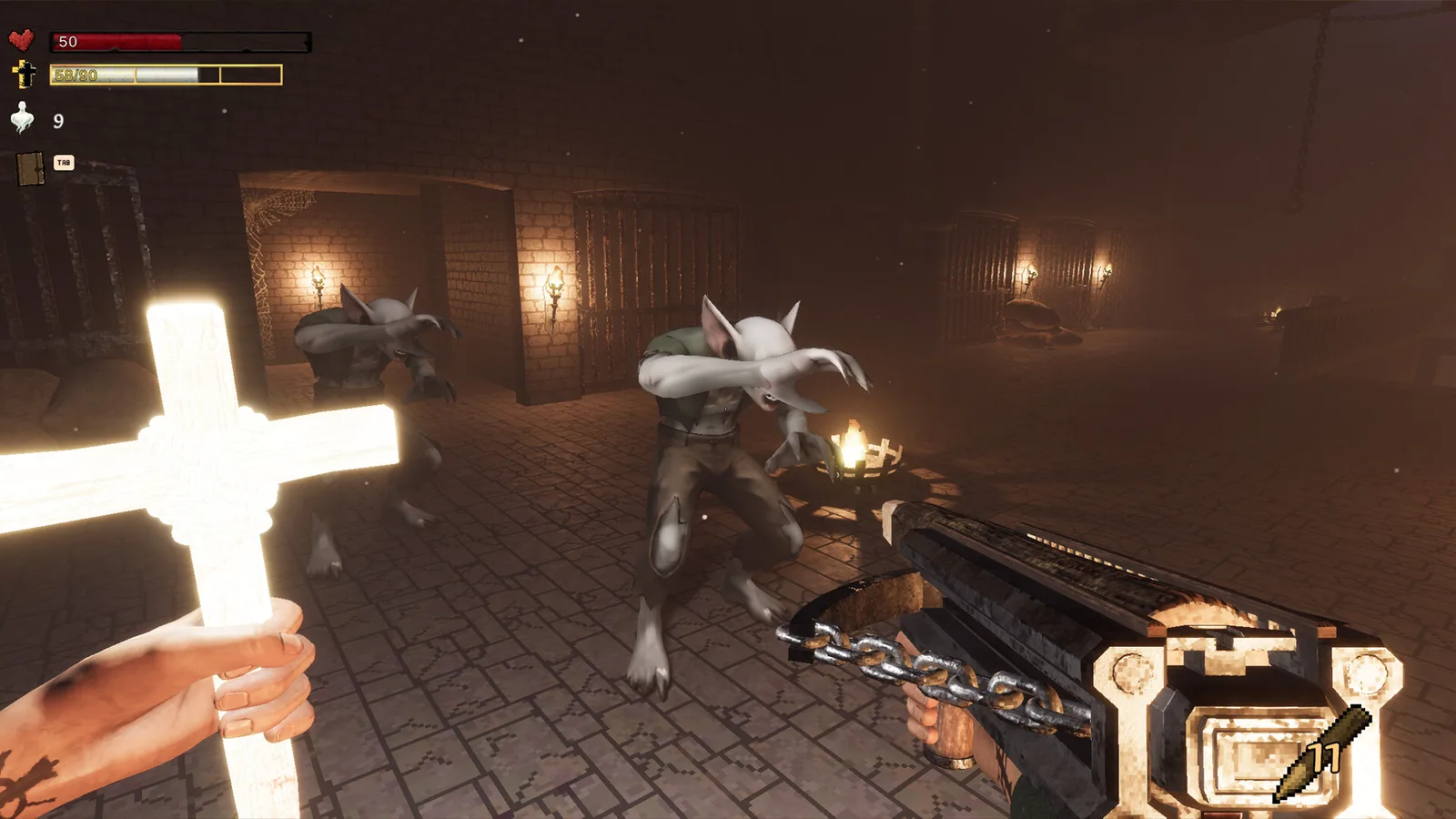 Intense combat scene in Vampire Hunter: Nightrise featuring werewolf enemies.
