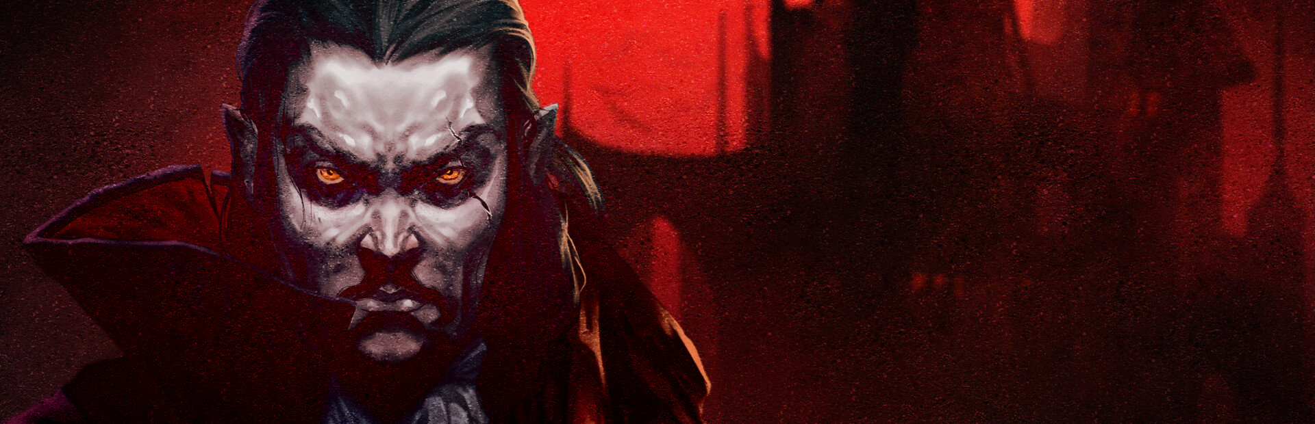 Vampire Survivors header featuring a character wielding glowing weapons against a red backdrop.