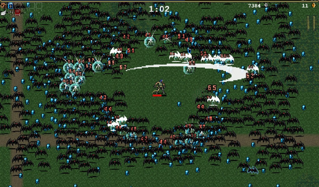 Intense gameplay scene from Vampire Survivors with numerous enemies and player action