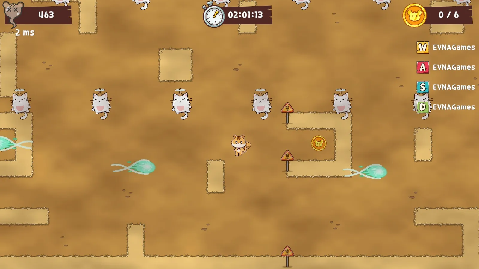 Tori navigating a sandy landscape filled with obstacles and enemies in WASD: The Adventure of Tori