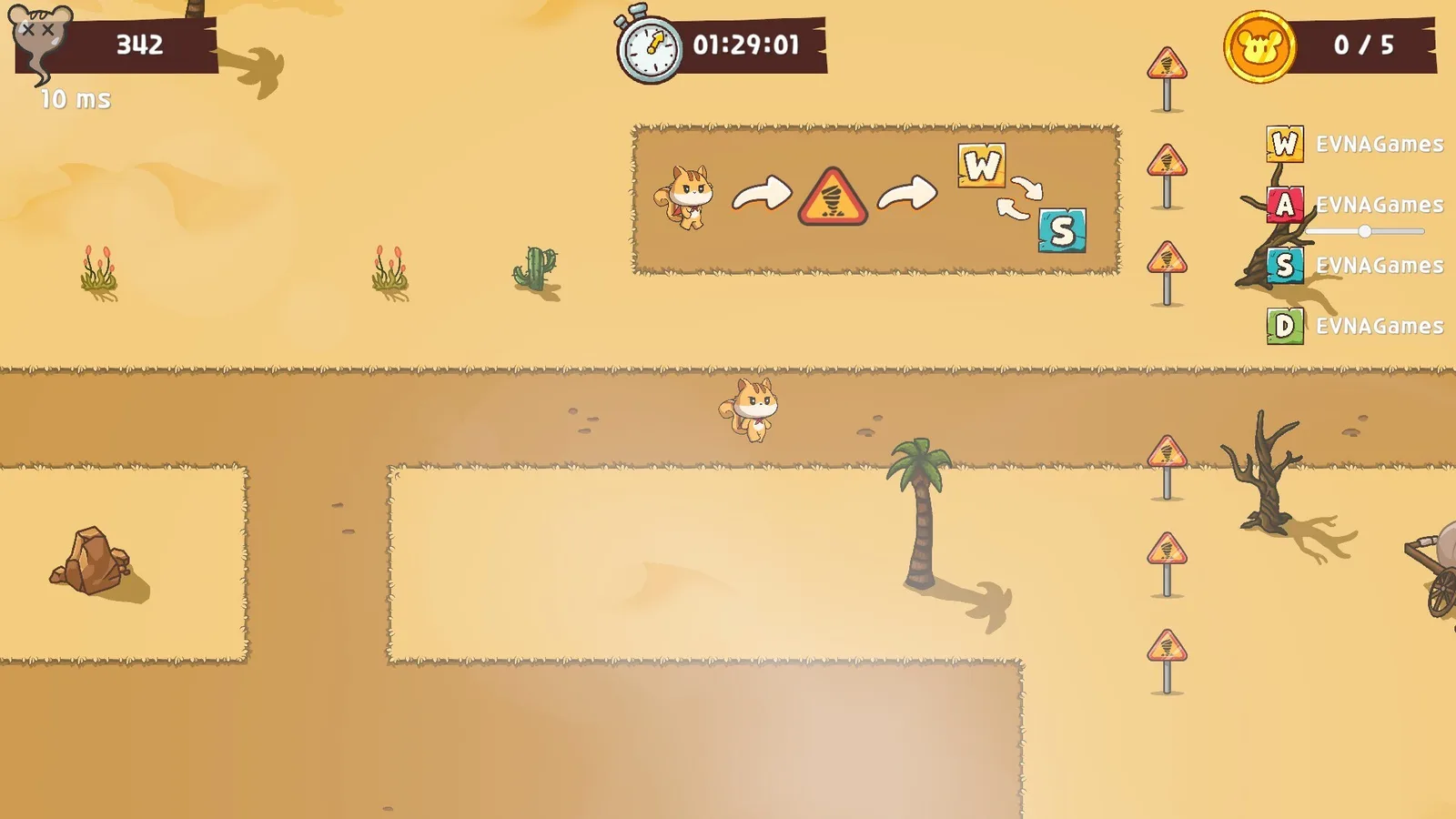 Tori navigates a desert landscape in WASD: The Adventure of Tori with gameplay instructions