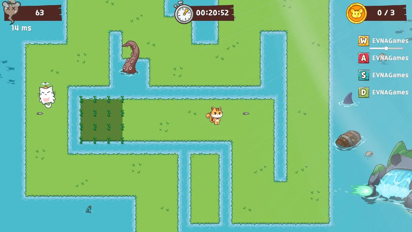 Colorful gameplay screenshot of WASD: The Adventure of Tori featuring a cat character and obstacles.