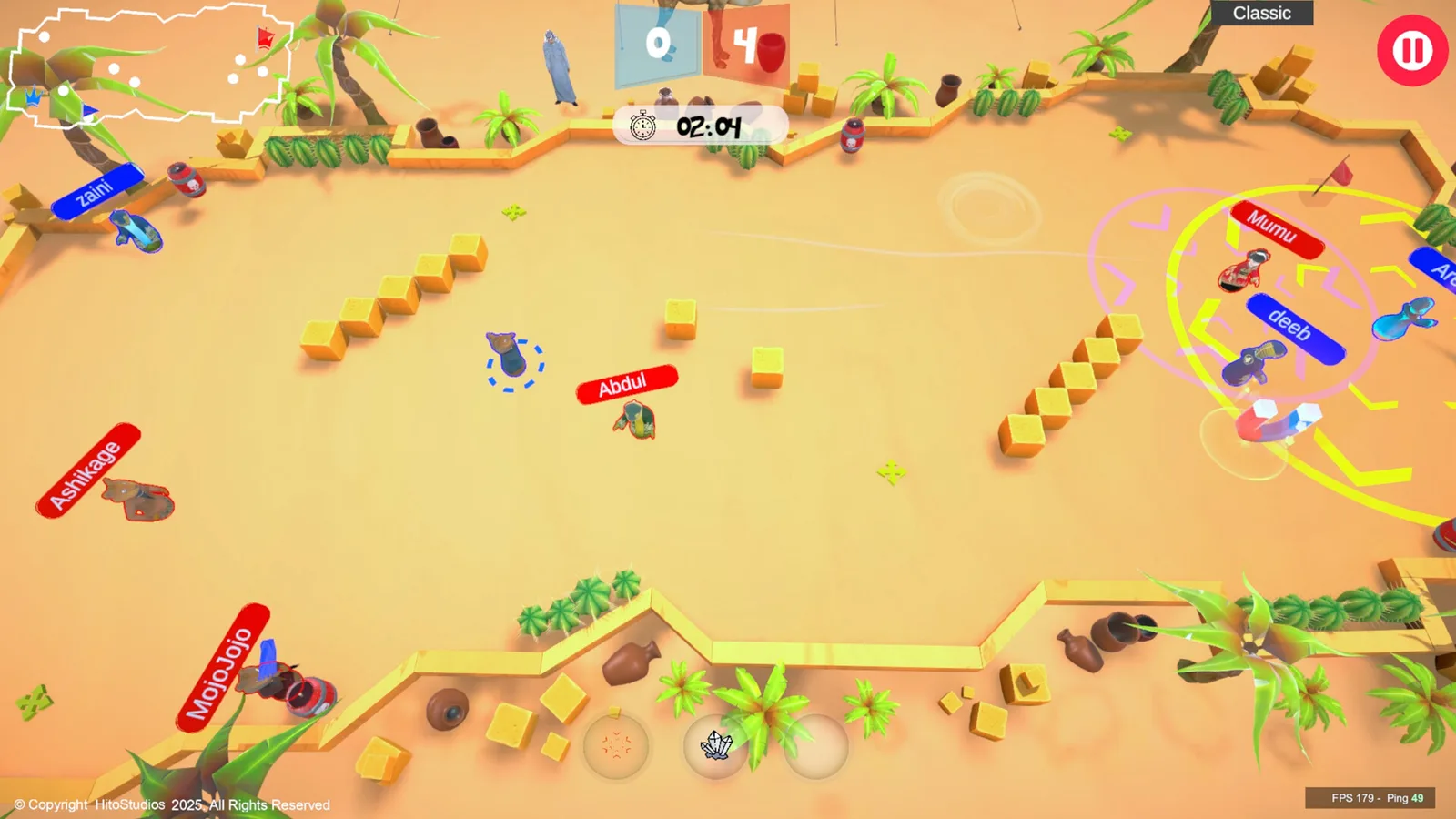 Colorful arena gameplay in Wobble Wars featuring characters battling in a PvP arena.