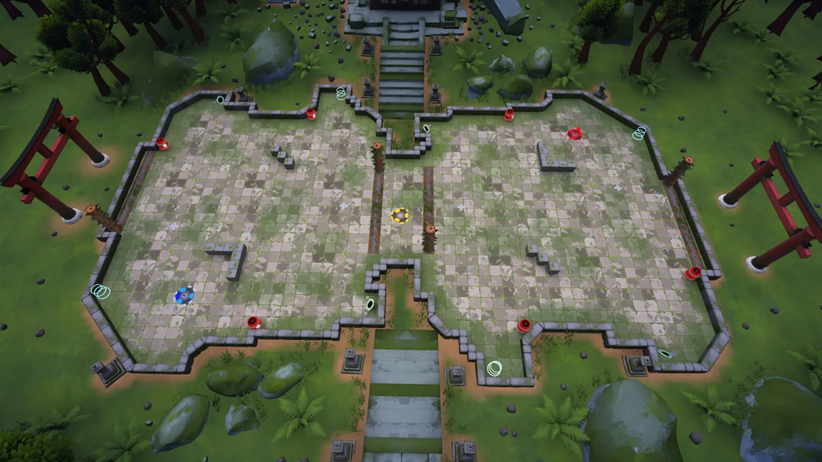 Top-down view of Wobble Wars gameplay featuring a strategic PvP arena layout.