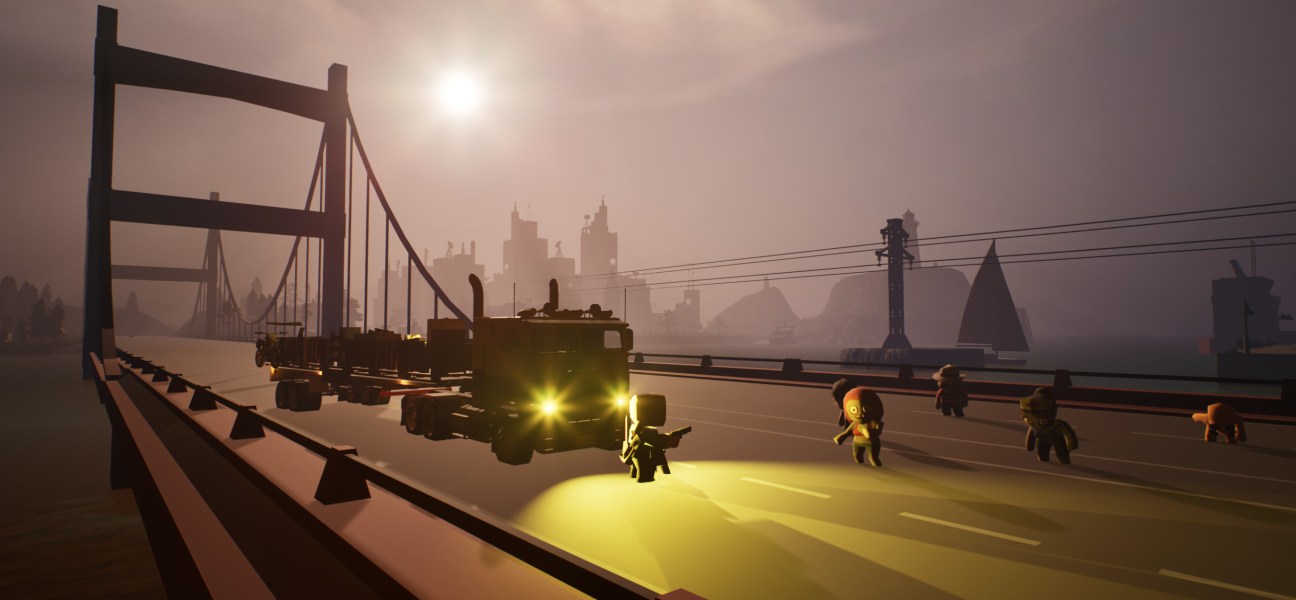 ZombUs gameplay featuring a mobile truck headquarters on a bridge at sunset