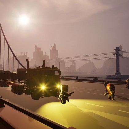 ZombUs gameplay featuring a mobile truck headquarters on a bridge at sunset