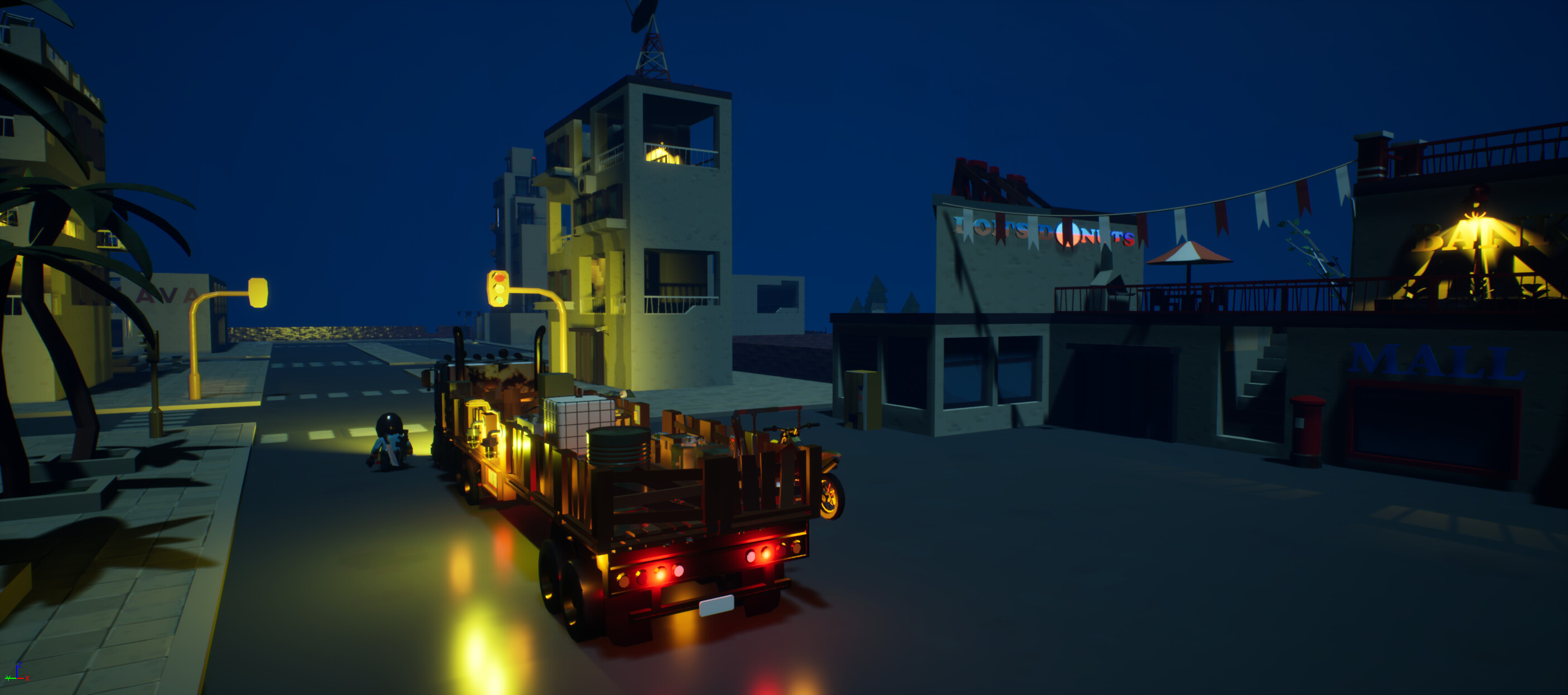 ZombUs mobile truck headquarters in a vibrant urban setting at night