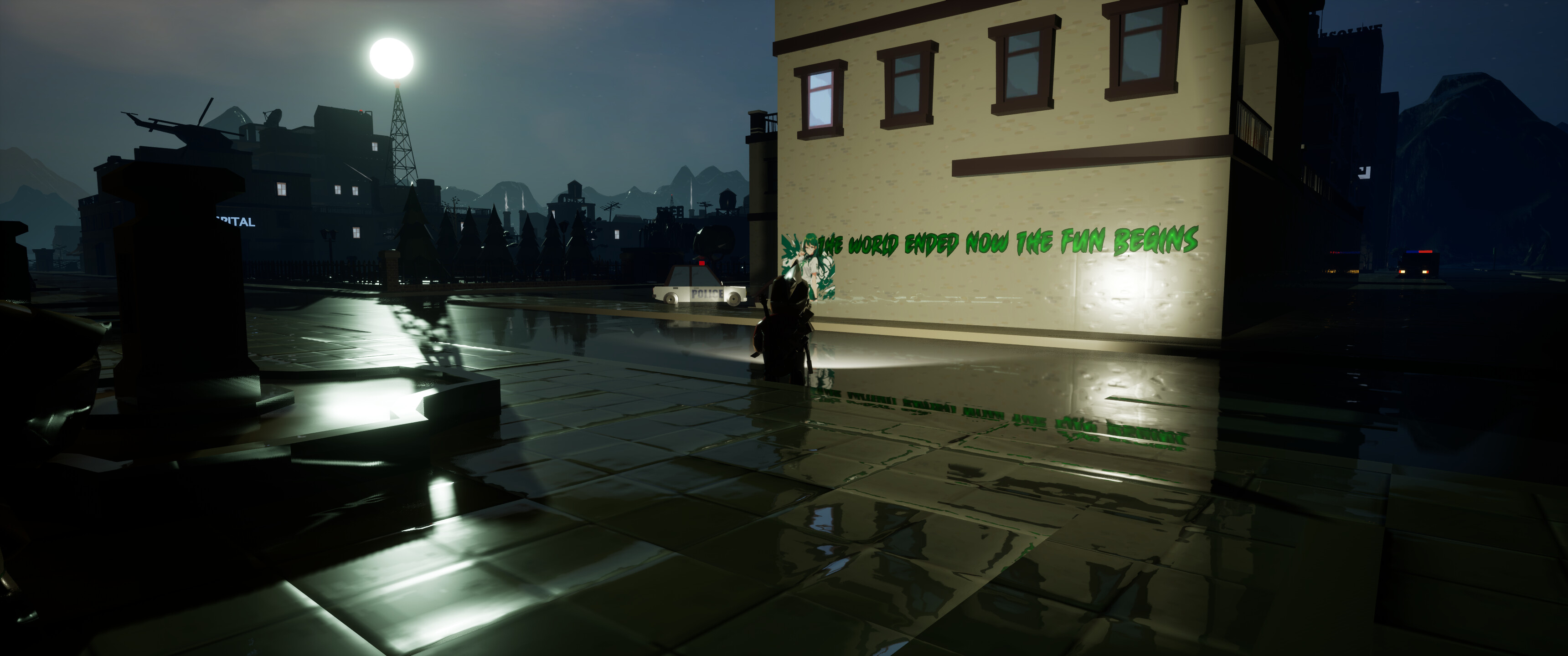 Dark urban landscape in ZombUs with eerie reflections and graffiti