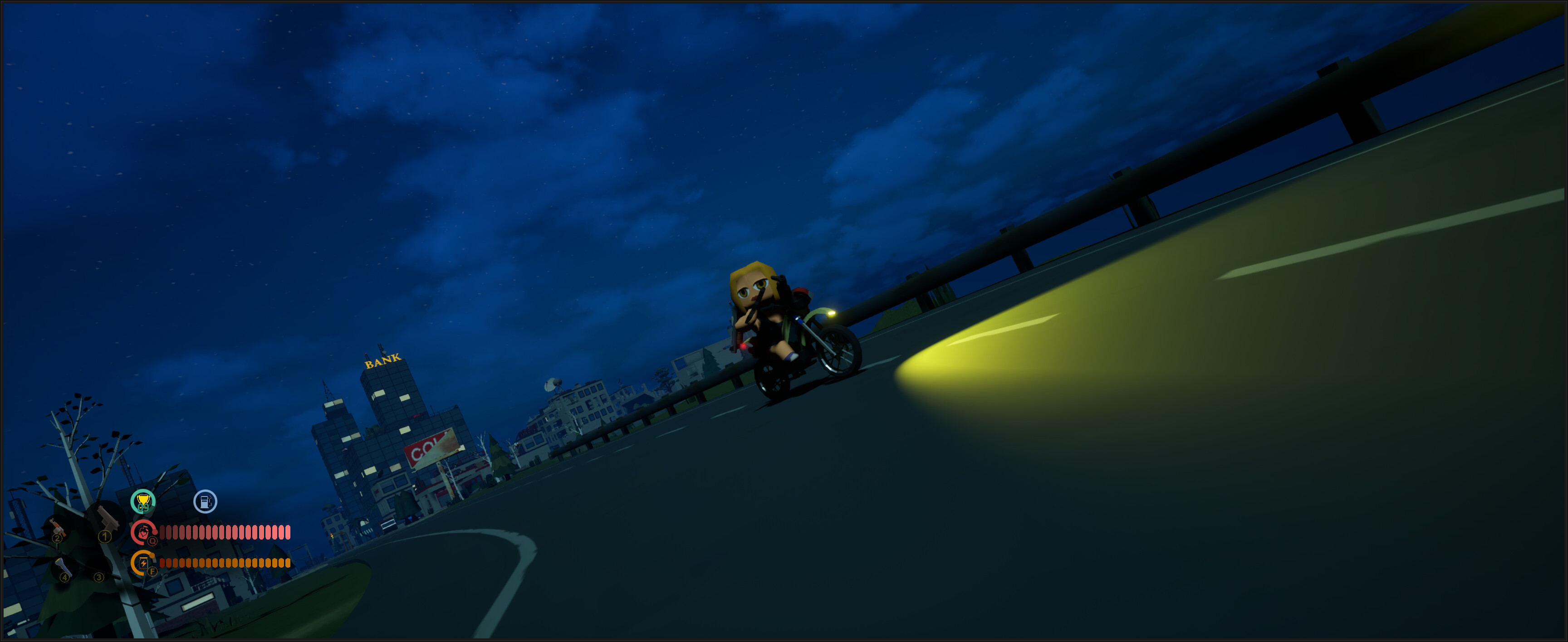 Character riding a motorcycle at night in ZombUs game environment