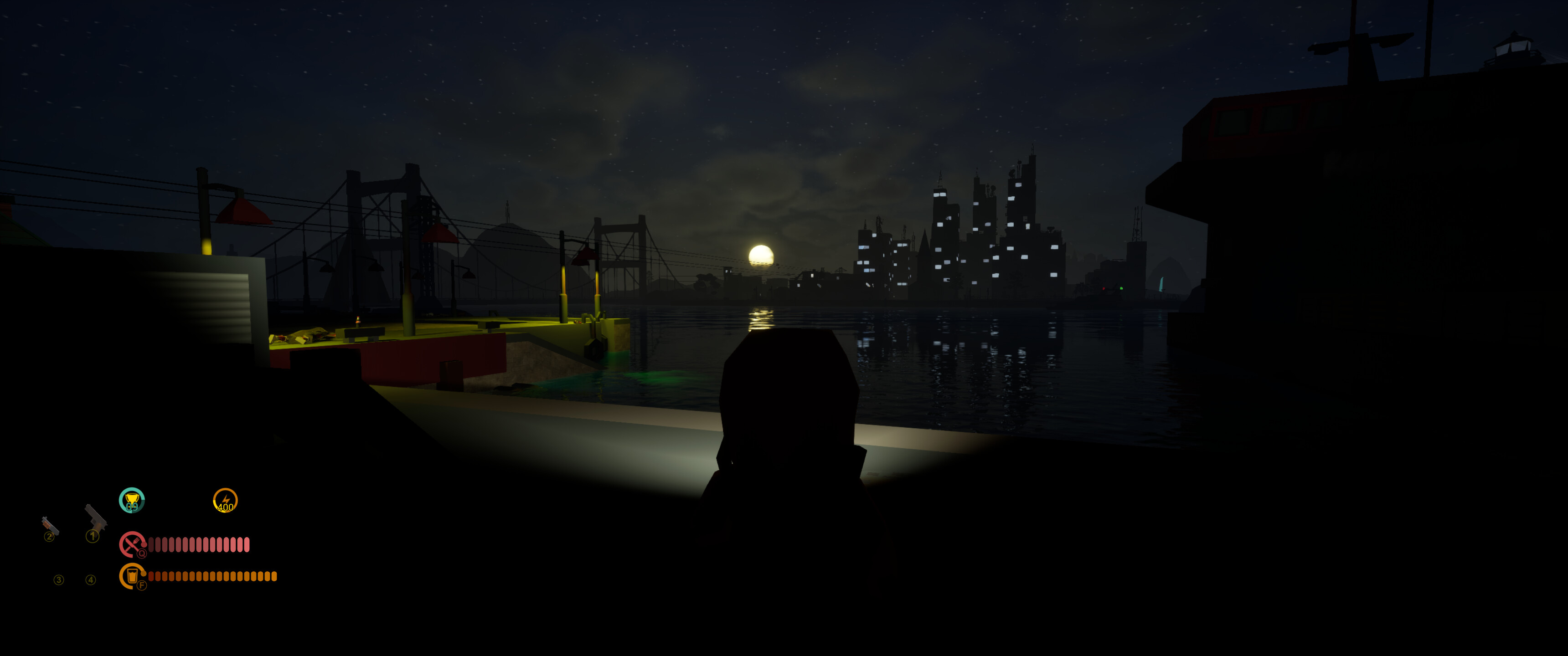 Dark urban landscape at night with a character silhouetted against a glowing city skyline.