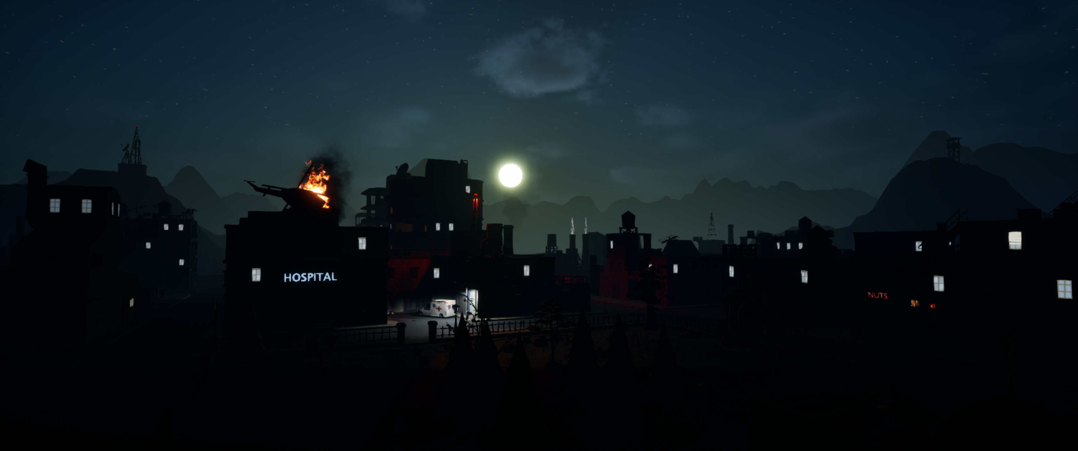 Nighttime urban landscape in ZombUs featuring a burning hospital and moonlit sky