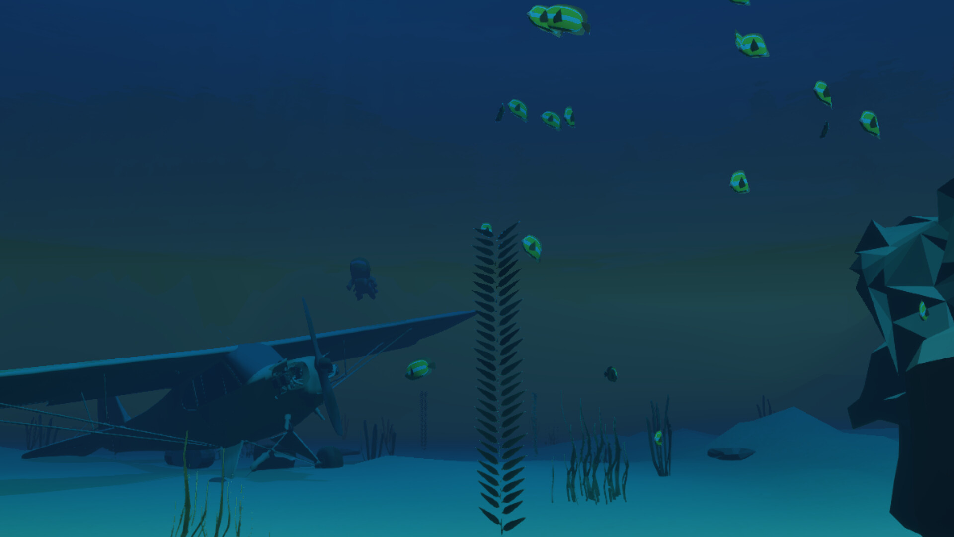 Underwater scene with a sunken plane and glowing fish in ZombUs