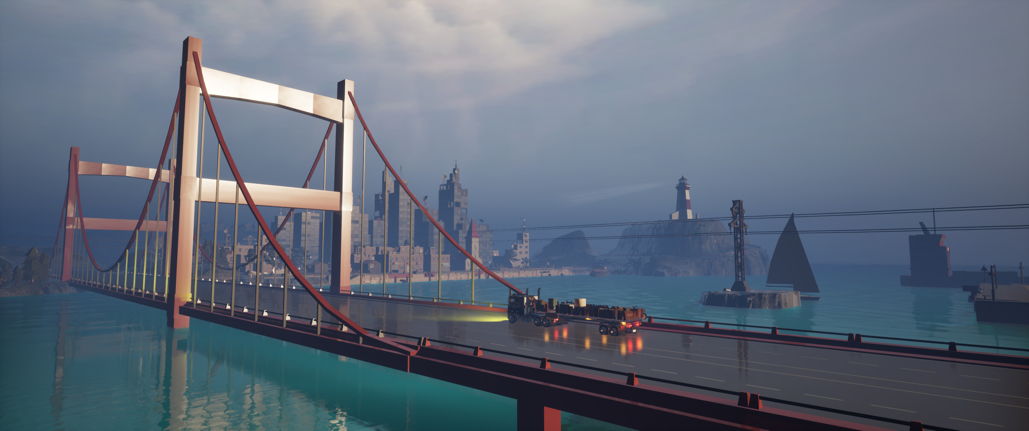 ZombUs game scene featuring a truck on a bridge with a city skyline in the background