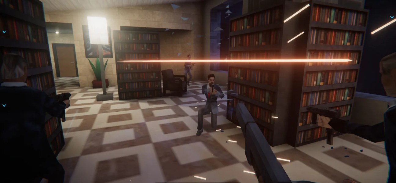 Intense action scene from Agent 64: Spies Never Die in a library setting