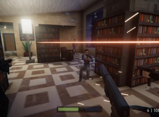 Intense action scene from Agent 64: Spies Never Die in a library setting