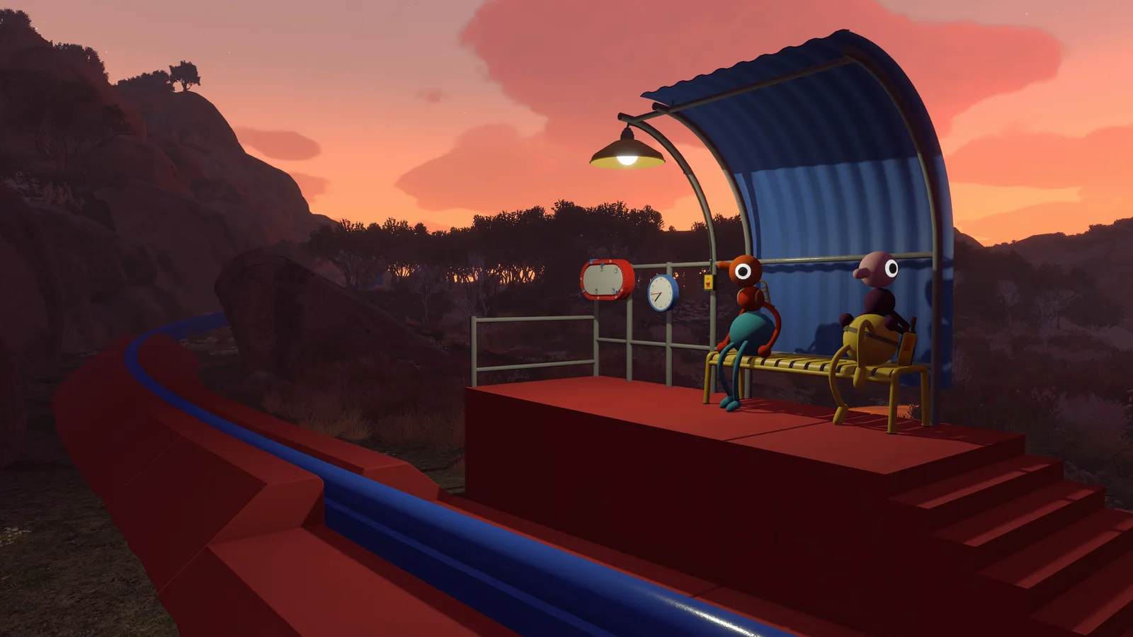 Two characters waiting at a colorful bus stop during sunset in Big Walk game.