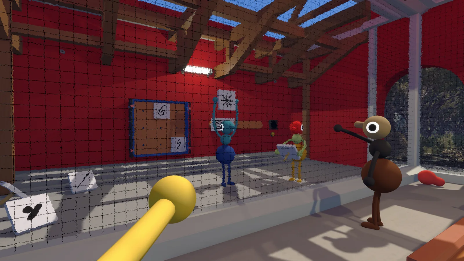 Colorful characters engaging in playful activities in a vibrant game environment