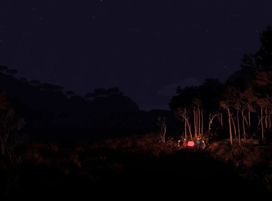 Nighttime scene in Big Walk featuring characters around a campfire