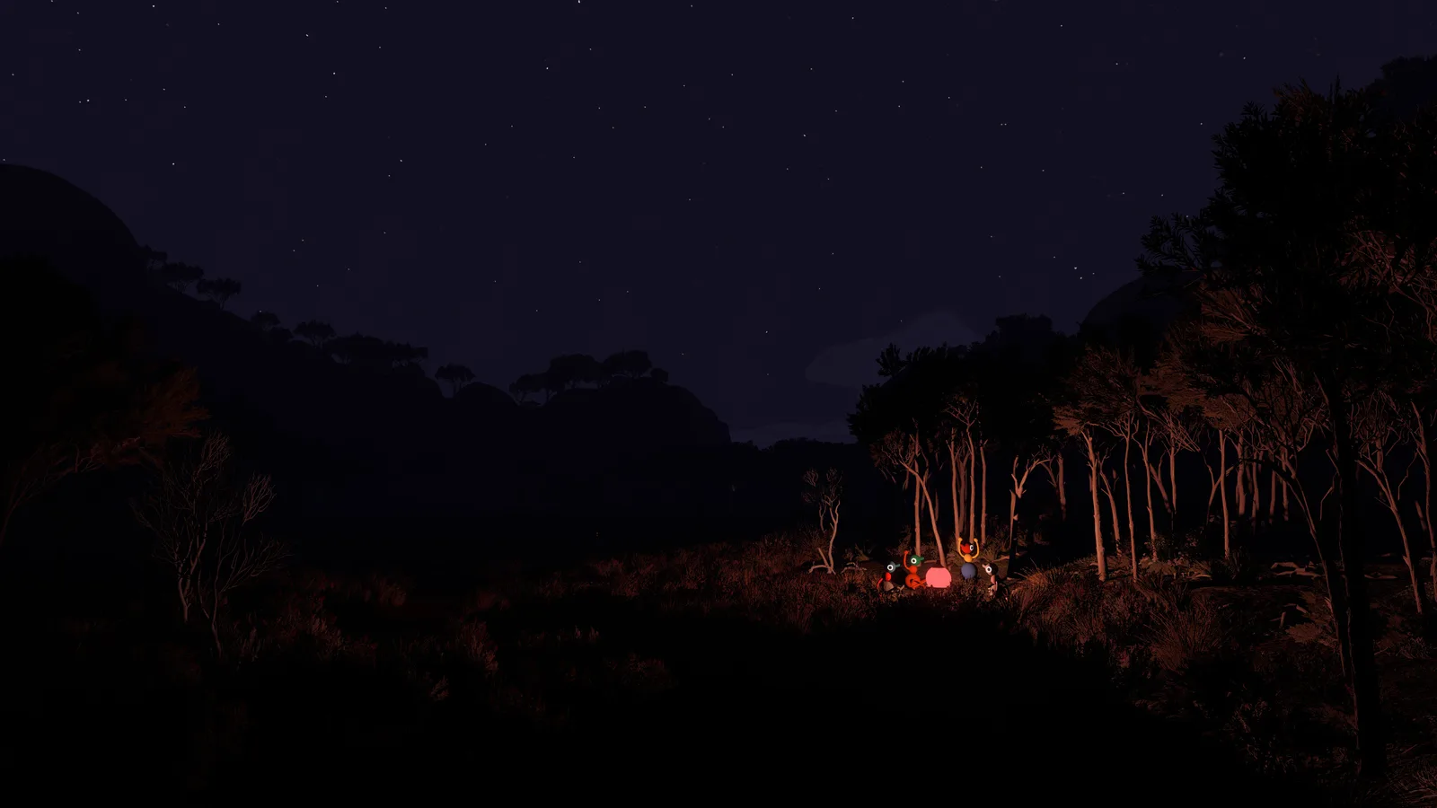 Nighttime scene in Big Walk featuring characters around a campfire