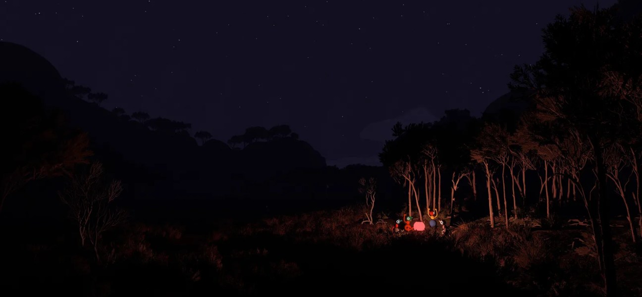 Nighttime scene in Big Walk with glowing lanterns and trees under starry sky