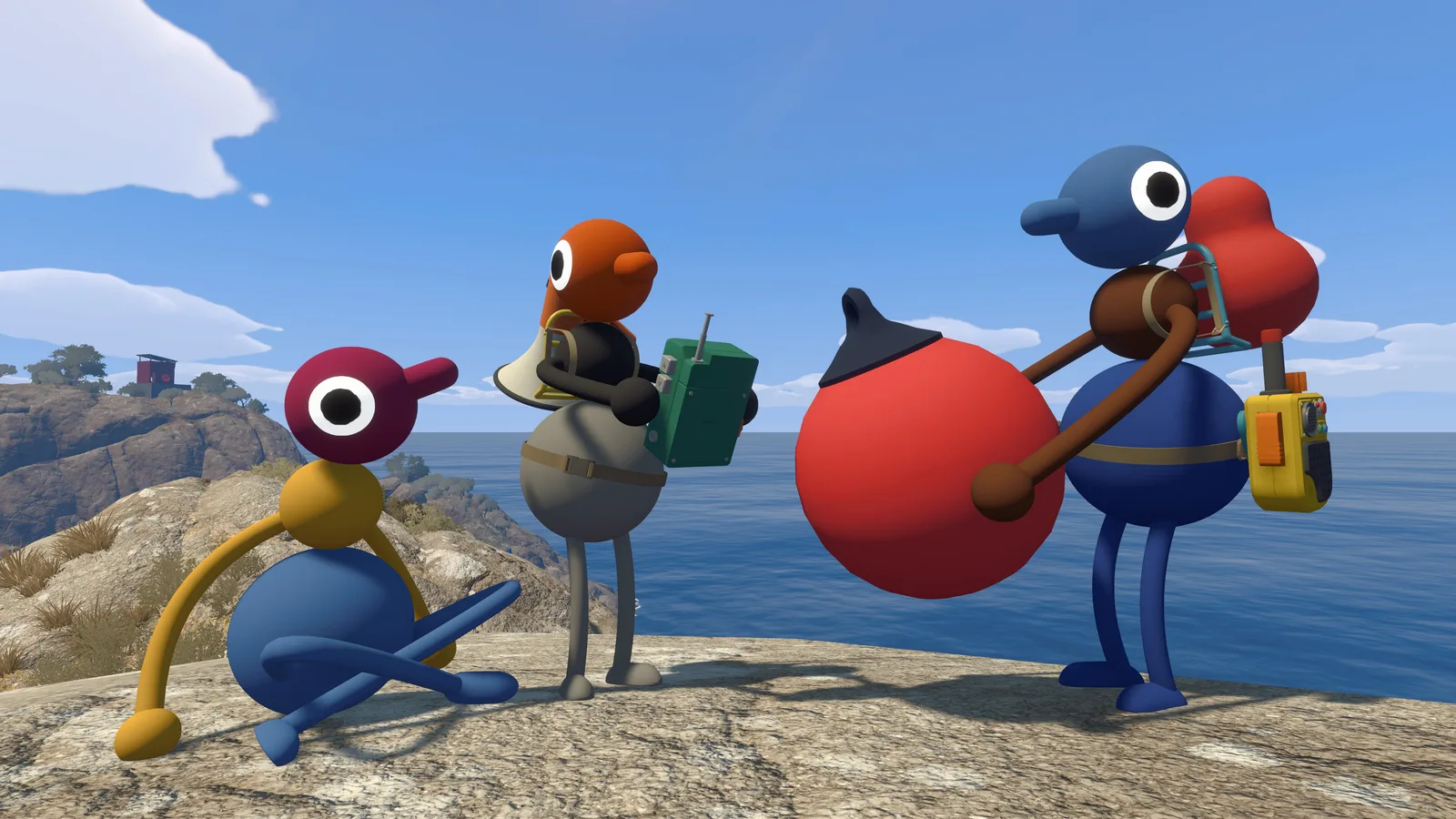 Colorful characters exploring a coastal landscape in Big Walk game.