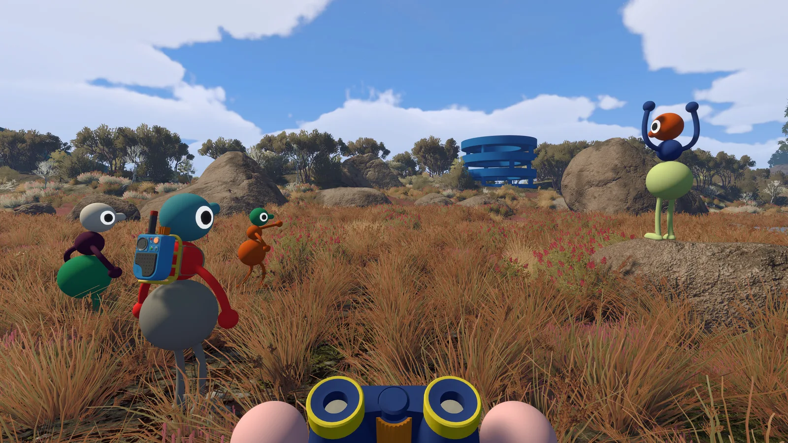 Colorful characters exploring a vibrant landscape in Big Walk game.