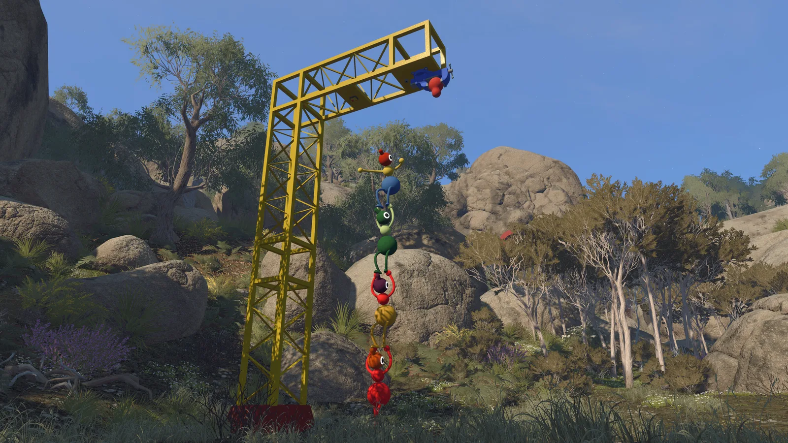 Colorful characters climbing a crane in a vibrant outdoor setting