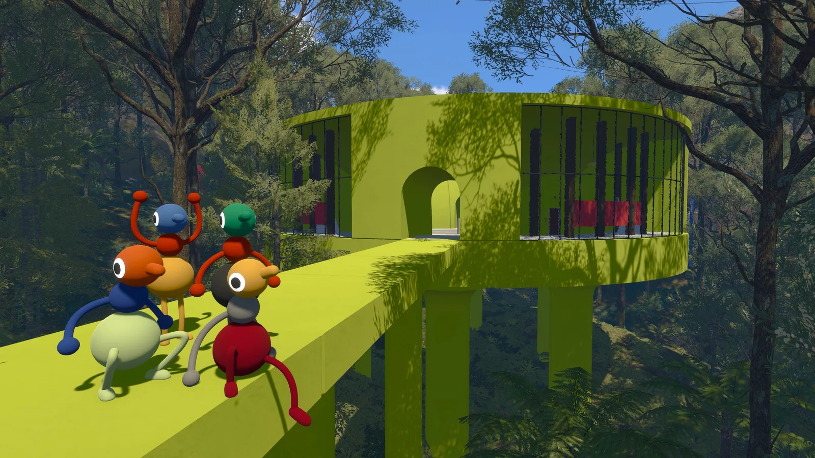 Colorful characters exploring a vibrant green structure in a lush forest setting.