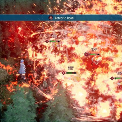 Epic battle scene in Brigandine Abyss with fiery explosions and characters in action