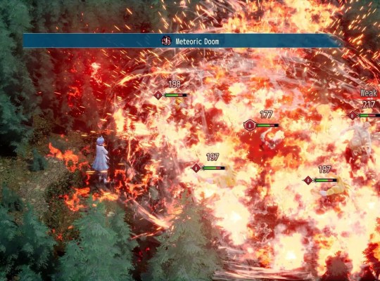 Epic battle scene in Brigandine Abyss with fiery explosions and characters in action