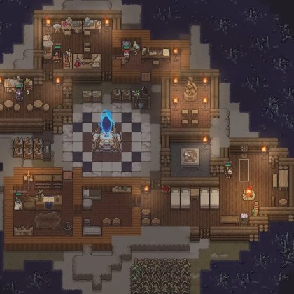 A cozy dungeon settlement with a central fountain and various crafting stations.