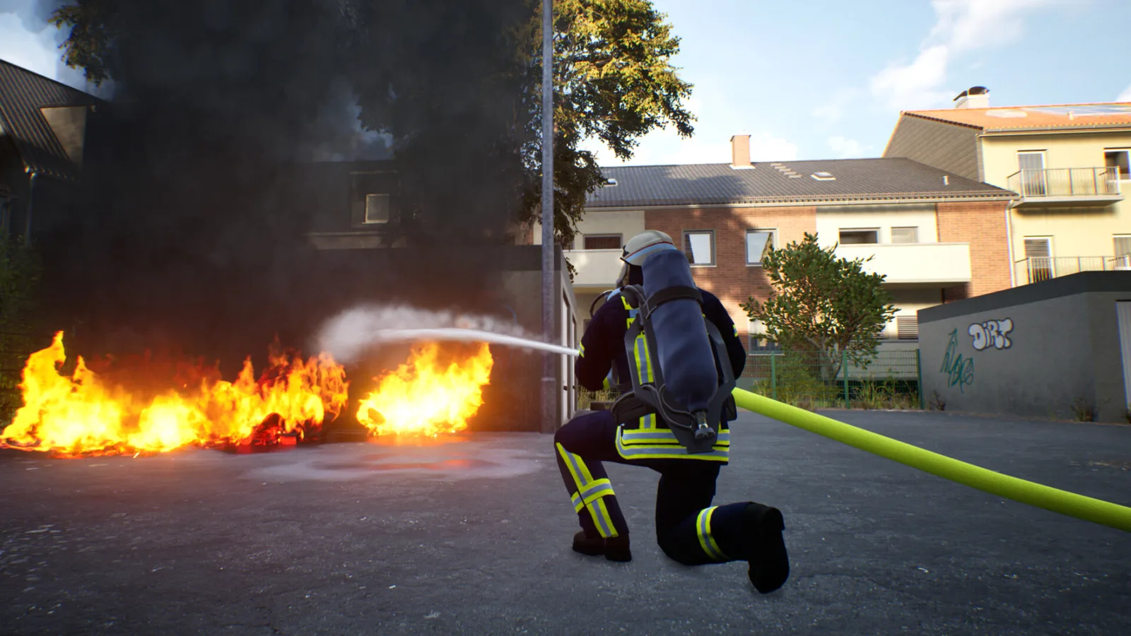 Firefighter battling flames in realistic urban environment