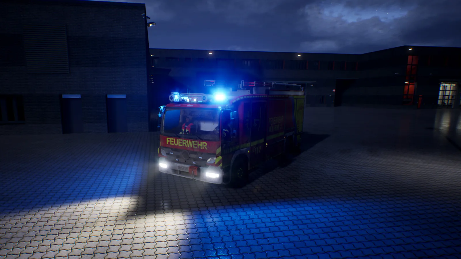 Realistic firefighting simulation scene with a fire truck at night