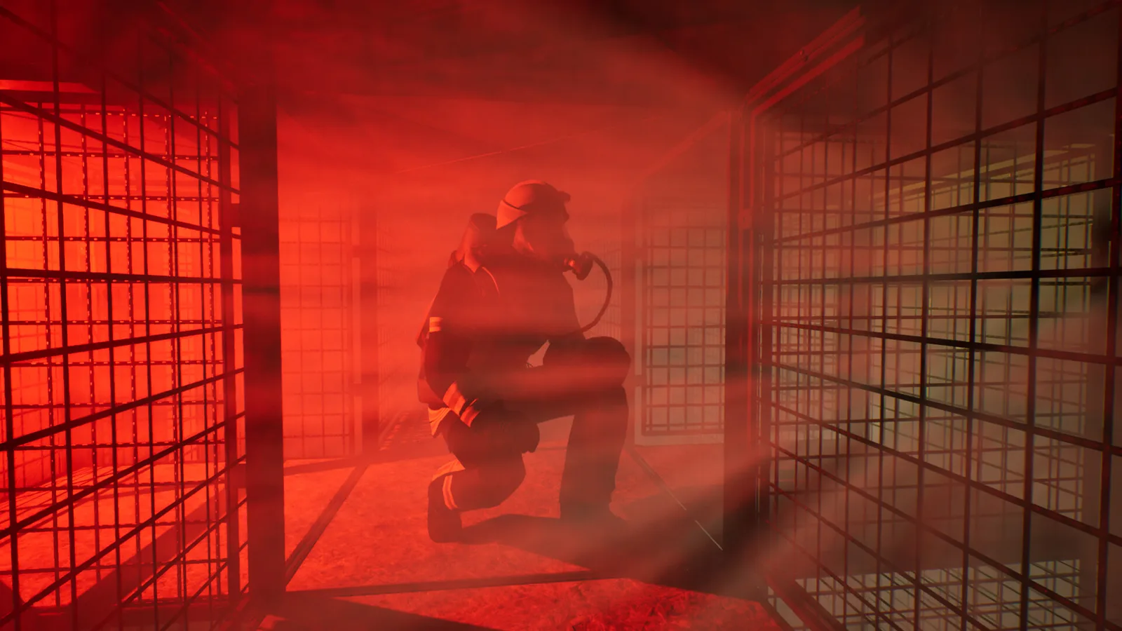 Firefighter in a smoky environment navigating through a dimly lit space