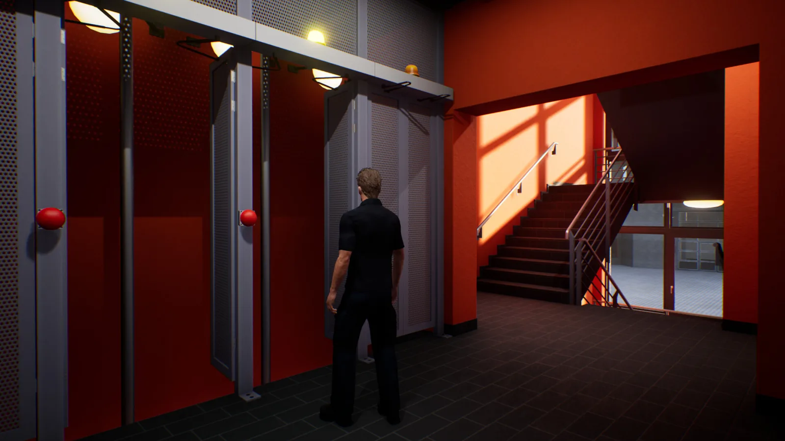 Firefighter preparing for action in a modern fire station environment