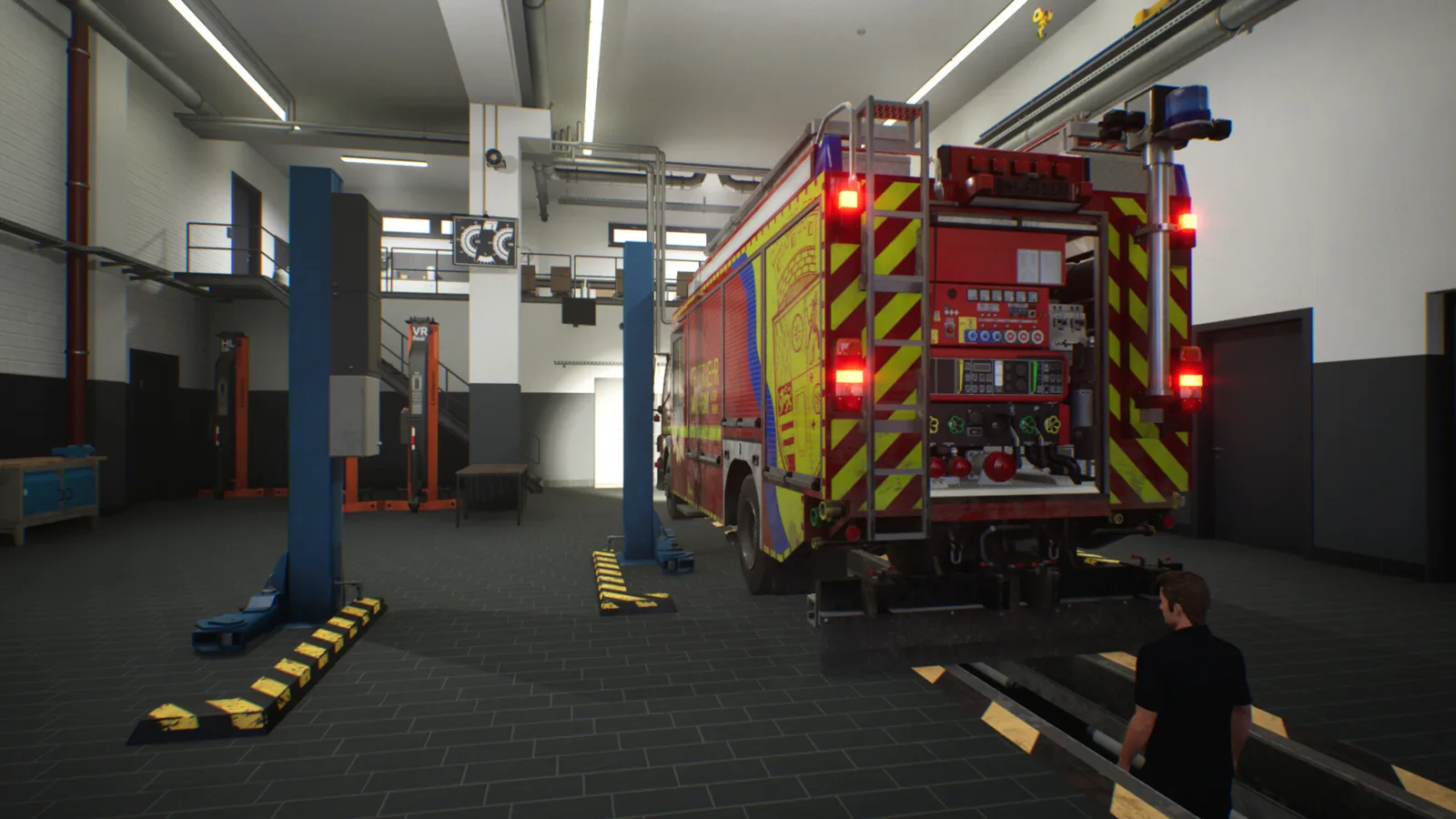 Firefighting simulation game featuring a detailed fire truck in a garage setting