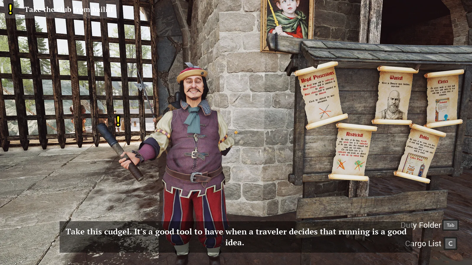 Gate Guard Simulator character offering a cudgel in a medieval setting