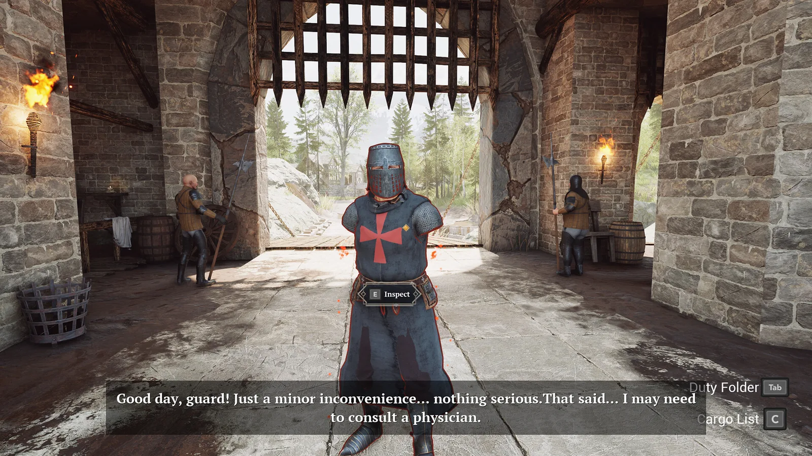 Gate Guard Simulator gameplay featuring a knight character in a medieval setting